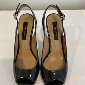 Ann Taylor Dark Navy Patent Leather Sling Back Peep Toe Pumps